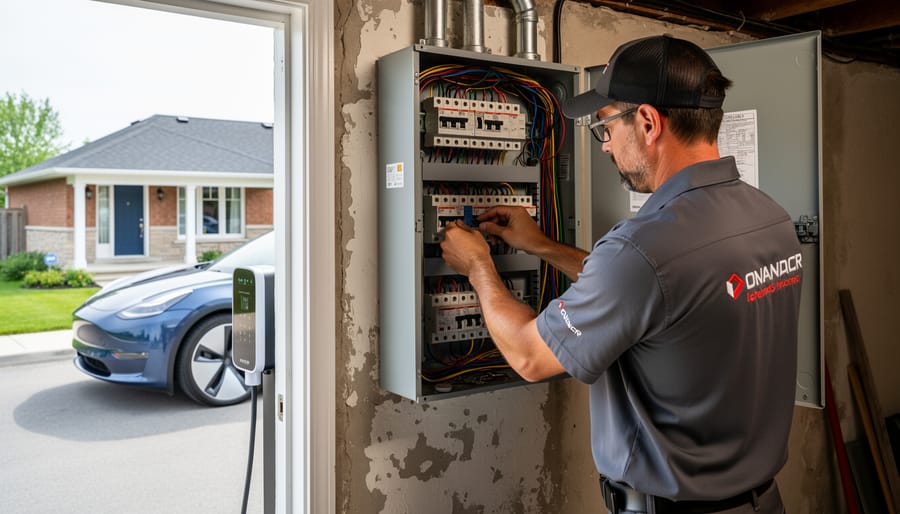 Electrician inspecting residential electrical panel for EV charger installation capacity