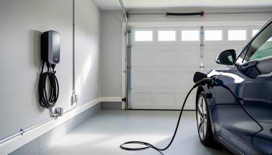 Level 2 electric vehicle charger mounted on residential garage wall