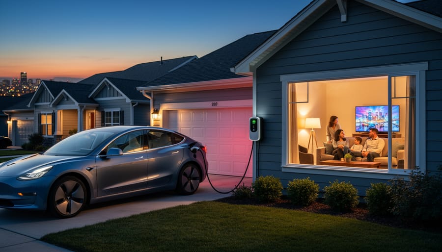 Homeowner near an electric vehicle at dusk with warm house lighting visible in the background