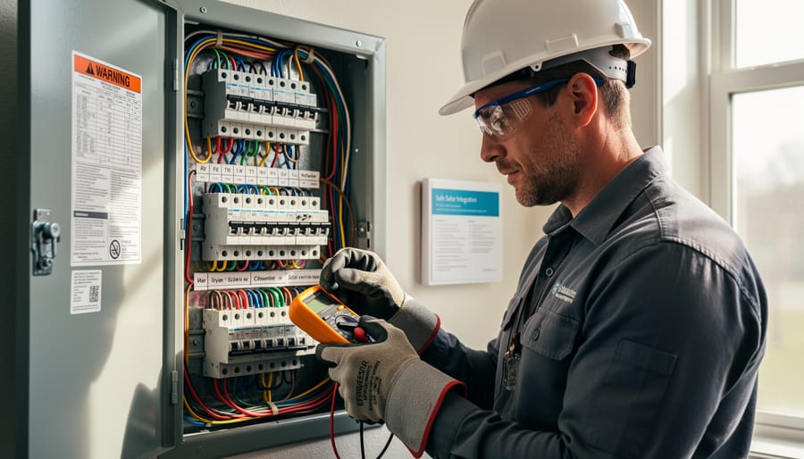 Installer reviewing an open electrical panel in a garage with safety equipment