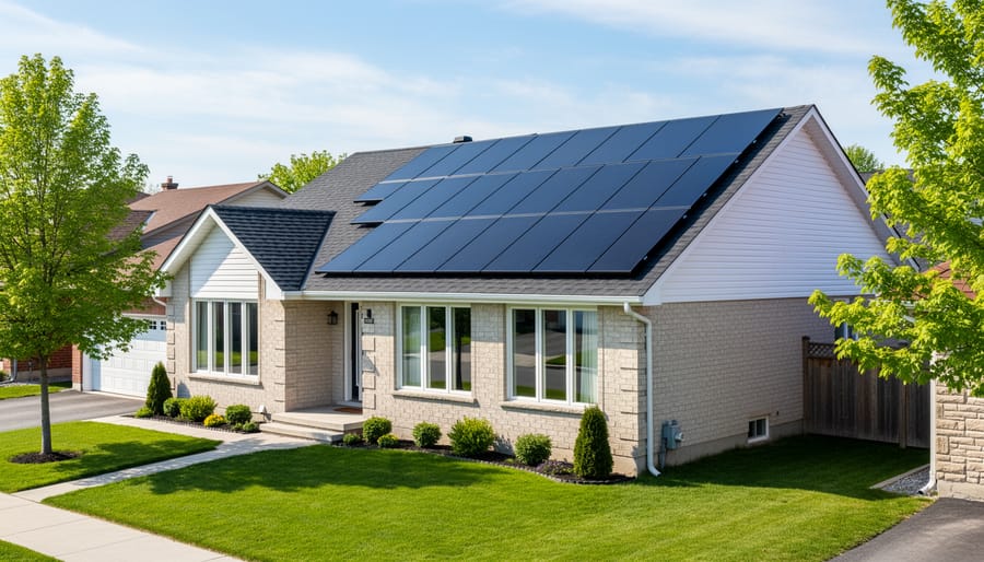 Residential solar panels mounted on an Ontario home roof under bright overcast light