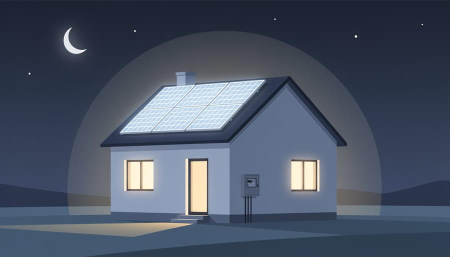 Solar-equipped home at night with porch light and roof panels silhouetted against a dark blue sky