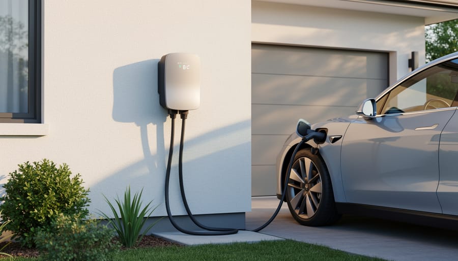 Wall-mounted bidirectional EV charger installed outside a modern home garage with an electric vehicle nearby