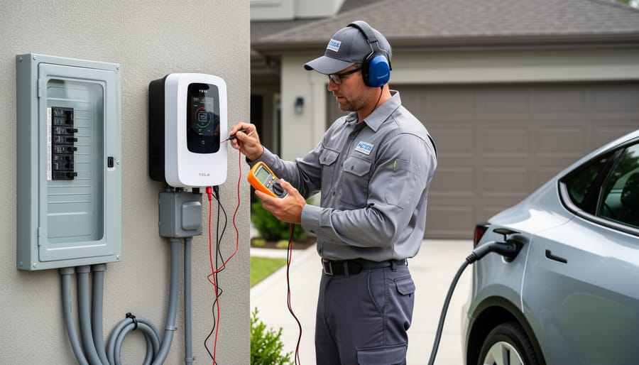 Electrician inspecting the exterior connection area of a smart EV charging station with safety gloves and protective gear