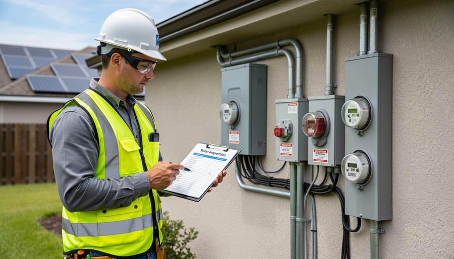Electrical inspector checking an outdoor electrical panel with tools during a solar installation