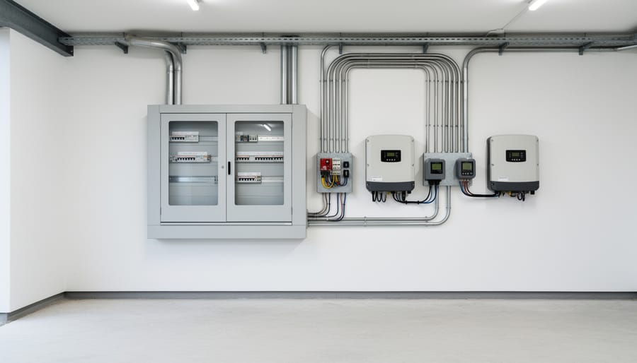 Exterior electrical panel mounted on a house wall with clear access space around it near solar equipment