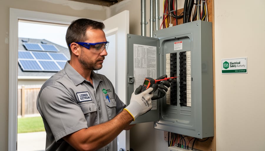 Electrician wearing safety gear opening a residential electrical panel near a solar installation