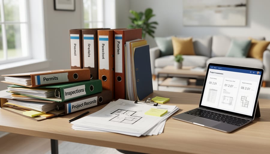 Organized permit and as-built documents folder on a countertop next to a tablet during solar panel relocation