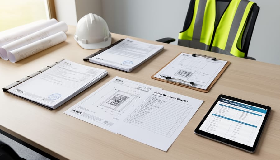 Homeowner holding permit documents next to an electrical meter and service panel on a residential exterior