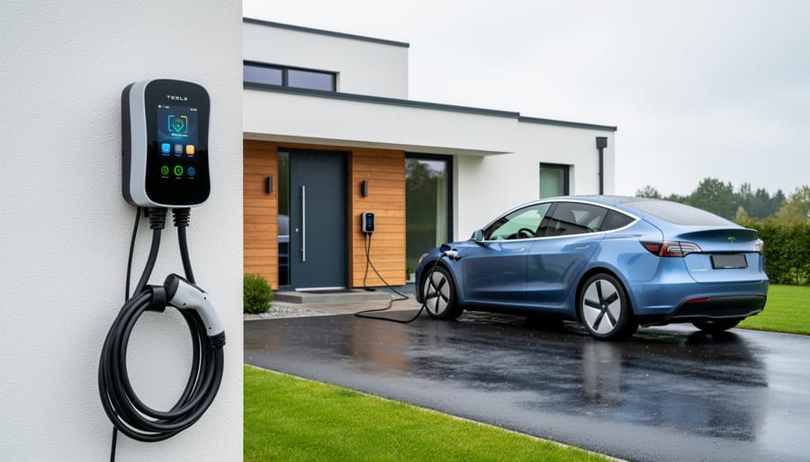 Modern smart EV charging station mounted on a home exterior with a charging cable properly stored and an EV parked nearby