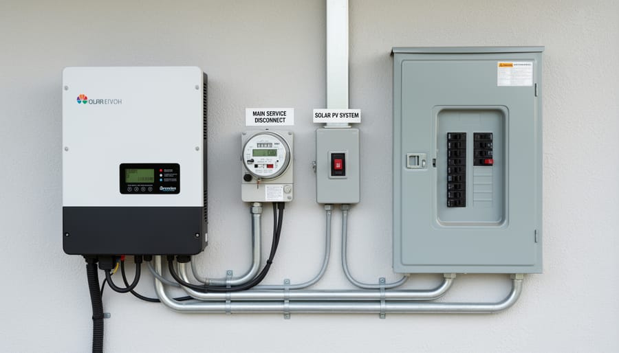 Solar inverter and nearby electrical panel enclosure with conduit connections in a residential utility area