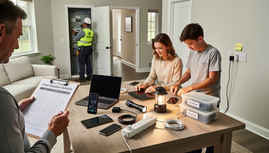 Homeowner preparing during a temporary power shutdown with portable power and charging electronics