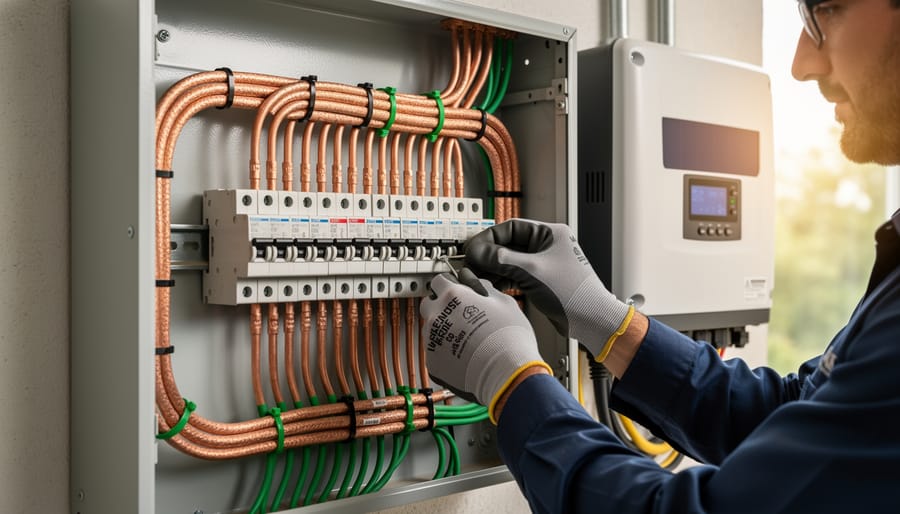 Close-up of updated electrical grounding and wiring connections inside a panel