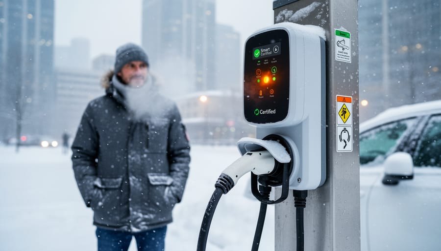 Weather-resistant EV charging station enclosure with a cable in light snow and frost outside a home