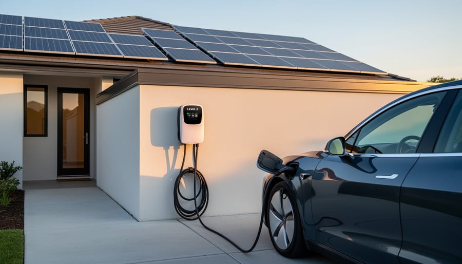 An electric vehicle parked next to a wall-mounted Level 2 EV charger at a residential home with solar panels.