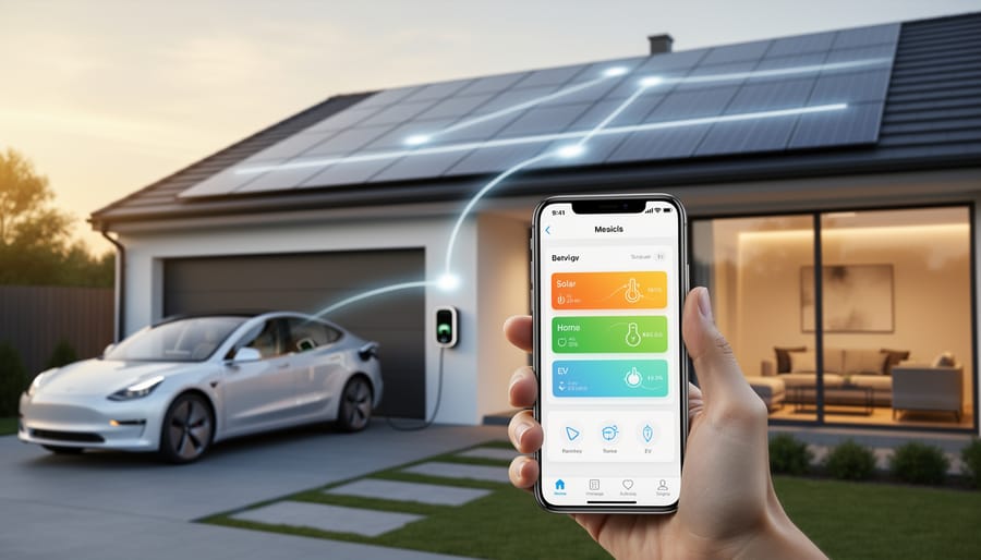Hand holding a smartphone near a charging cable in a home with solar equipment in the background.