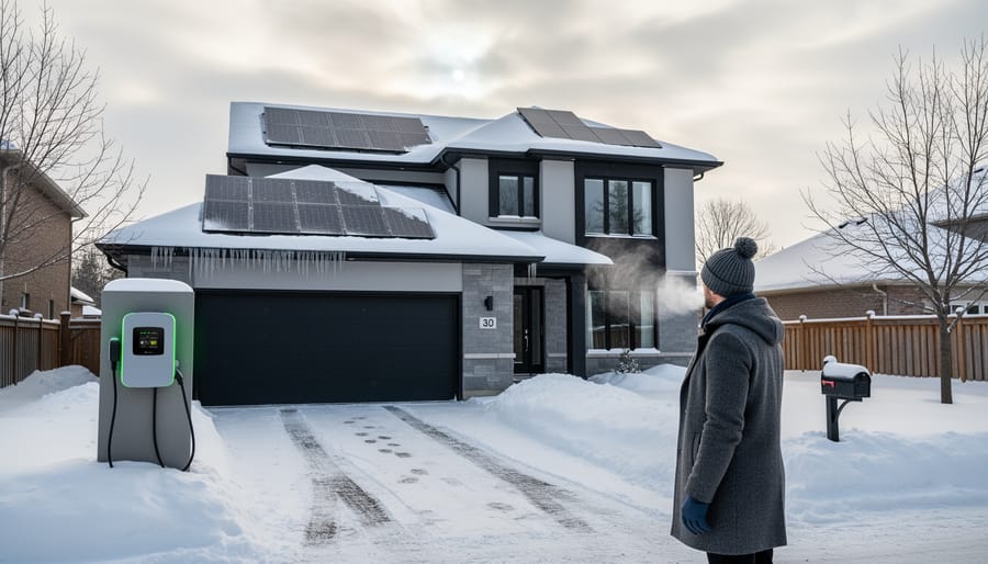 An outdoor EV charger in a snowy Canadian winter environment with the charging connector positioned for use.