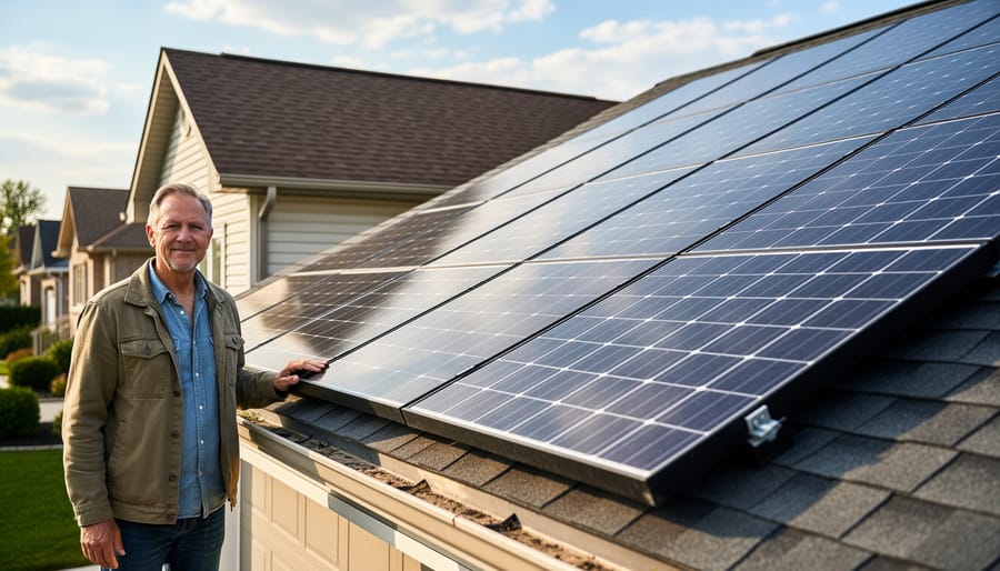 Homeowner in Ontario standing beside rooftop solar panels in daylight