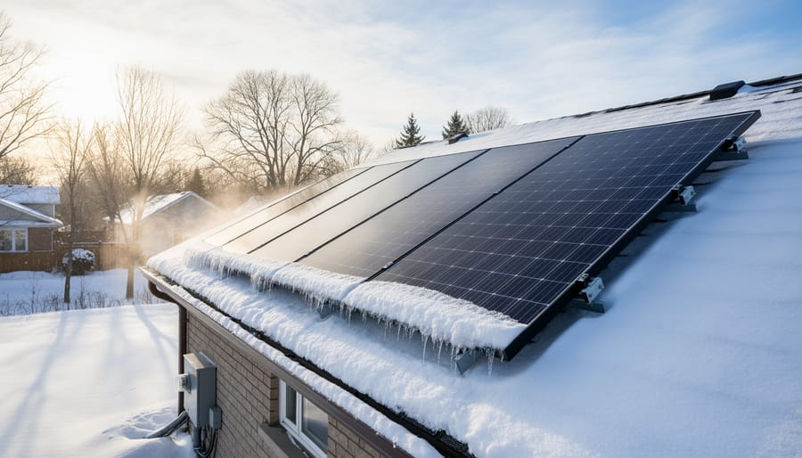 Solar panels on a roof in early morning winter sunlight with snow on surrounding roof areas